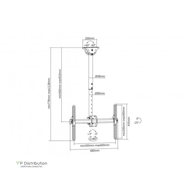 Digitus Monitor/TV Ceiling Mount 37-70", 50 kg max,560-910 mm, black