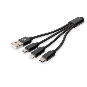 Digitus USB charger cable, 0.15m 3 in 1 cable, nylon braid, black