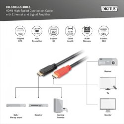 Digitus HDMI High Speed Connection Cable, Type A, w/amp. M/M, 10.0m, Ultra HD, 4K@30Hz, gold, bl