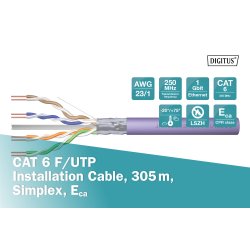 CAT 6 F-UTP installation cable, 250 MHz, AWG 23/1 Dca (LSZH-1), 305 m, drum, simplex, purple