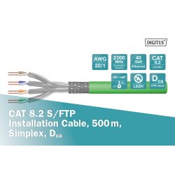 CAT 8.2 S-FTP installation cable, 2000 MHz Dca (EN 50575), AWG 22/1, 1000 m drum, green
