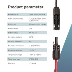 Solar Extension cable, 4 sqmm, MC4 connector 5m,4sqmm,halogen-free,UV-res.,flex,IP67,2pcs