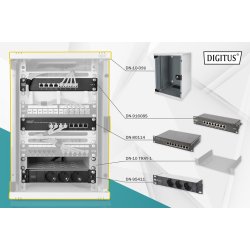 Digitus 10 inch network bundle, including 9U cabinet, grey shelf, PDU, 8-port switch, CAT 6 patch panel