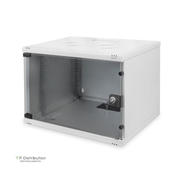 Digitus 7U wall mounting cabinet, SOHO, unmounted 370x540x400 mm, full glass front door, grey