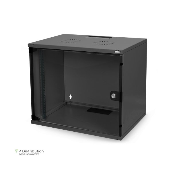 Digitus 7U wall mounting cabinet, SoHo, unmounted 370x540x400 mm, glass front door, black (RAL 9005)