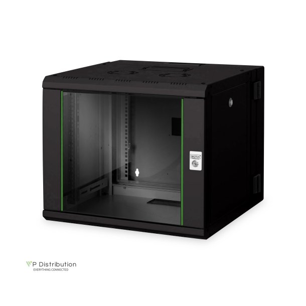 Digitus 9U wall mounting cabinet, Unique, 509x600x600 mm double sectioned, pivotable, black (RAL 9005)