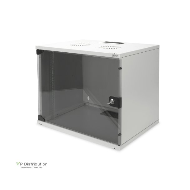 Digitus 9U wall mounting cabinet, SOHO, unmounted 460x540x400 mm, full glass front door, grey