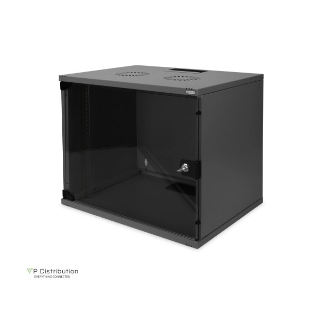 Digitus 9U wall mounting cabinet, SoHo, unmounted 460x540x400 mm, glass front door, black (RAL 9005)
