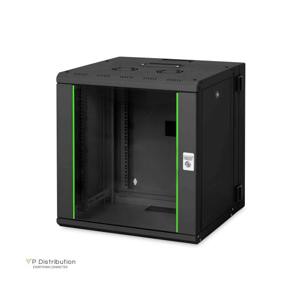 Digitus 12U wall mounting cabinet, Unique, 643x600x600 mm double sectioned, pivotable, black (RAL 9005)