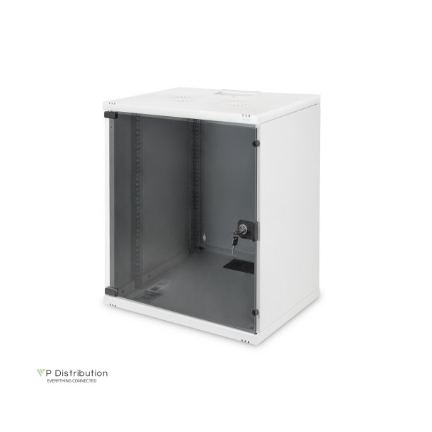 Digitus 12U wall mounting cabinet, SOHO, unmounted 595x540x400 mm, full glass front door, grey