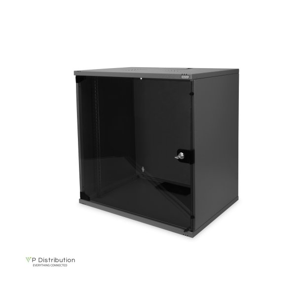 Digitus 12U wall mounting cabinet, SoHo, unmounted 595x540x400 mm, glass front door, black (RAL 9005)