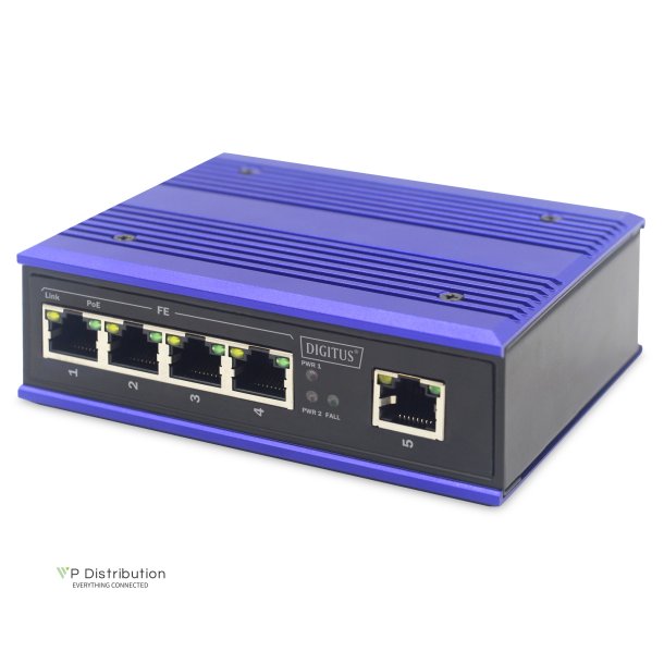 Digitus Industrial 4-port Fast Ethernet PoE Switch 1 uplink port,DIN rail, extend. temp. range