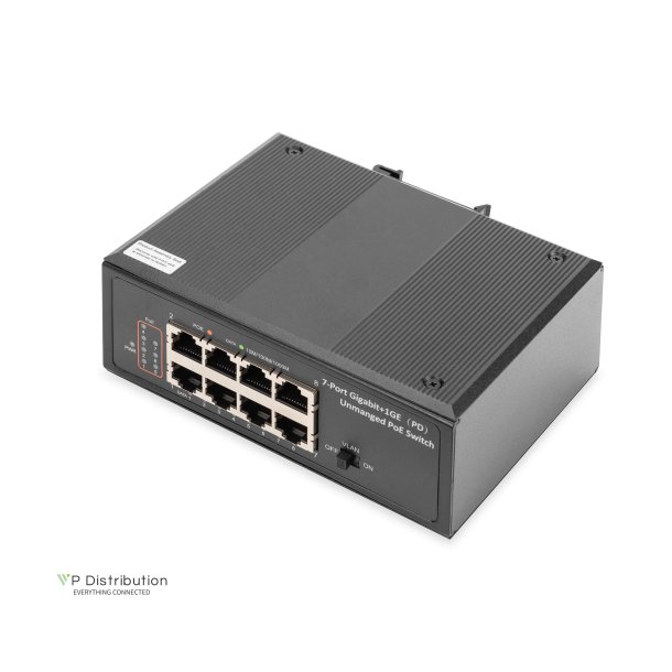 Digitus Industrial 7-port Gigabit PoE+Switch+1 PD-port IEEE802.3af/at, DIN rail, extended temp.range