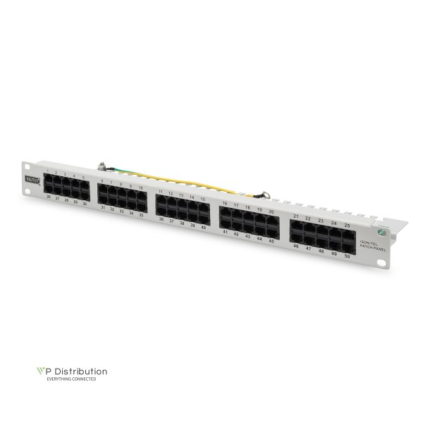 CAT 3 ISDN Patch Panel, unshielded, 50-port RJ45, 8P4C, LSA, 1U, rack mount, grey, 482x44x109