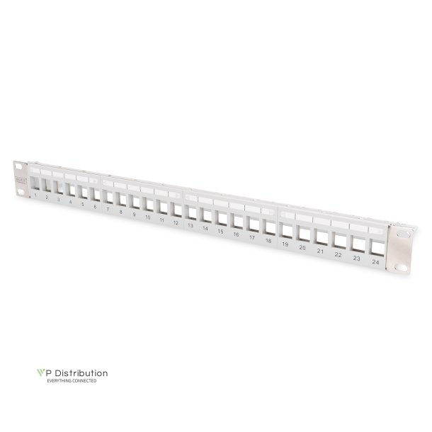 Modular Patch Panel, shielded, 24-port blank, 1U, Rack Mount, transp. label field, grey