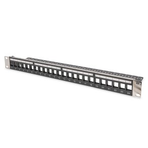 Modular Patch Panel, shielded, 24-port blank, 1U, Rack Mount, transp. label field, black