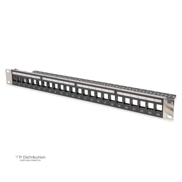Modular Patch Panel, shielded, 24-port blank, 1U, Rack Mount, transp. label field, black