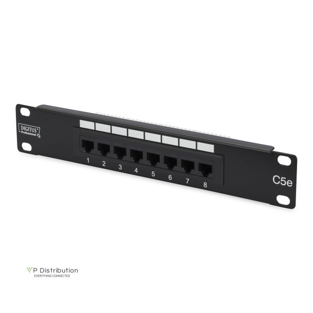CAT 5e Patch Panel, unshielded, 8-port RJ45, 8P8C LSA, 1U, 254 mm(10")Rack Mount, bl, 482x44x109