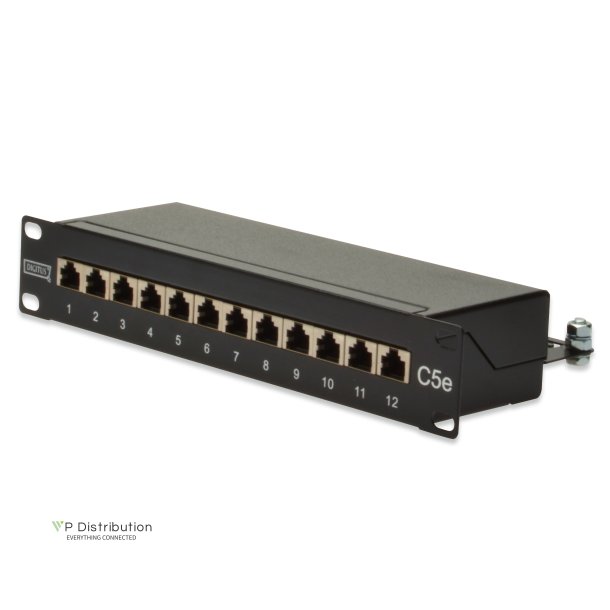 CAT 5e, Class D patch panel, shielded,12-port RJ45 8P8C, LSA, 1U, 254mm(10")Rack Mount, black