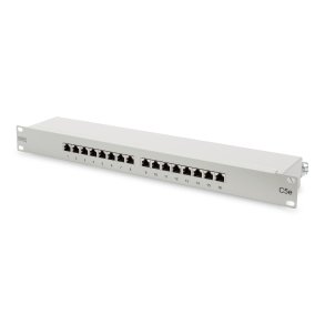 CAT 5e, Class D Patch Panel, shielded, 16-port RJ45, 8P8C, LSA, 1U, rack mount, grey, 482x44x109