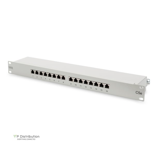 CAT 5e, Class D Patch Panel, shielded, 16-port RJ45, 8P8C, LSA, 1U, rack mount, grey, 482x44x109