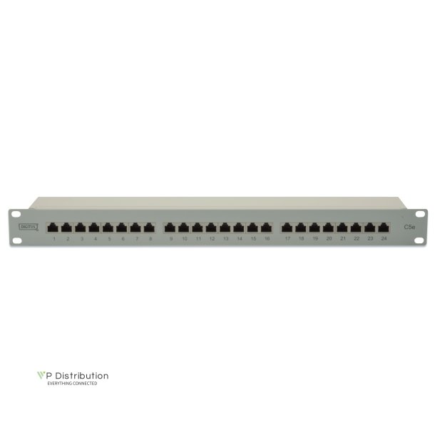 CAT 5e, Class D patch panel, shielded, 24-port RJ45, 8P8C, LSA, 1U, rack mount, grey, 482x44x109