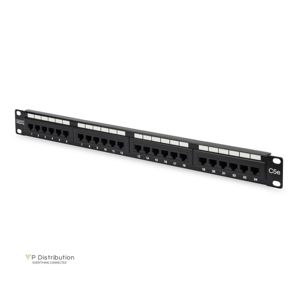 DIGITUS CAT 5e patch panel, unshielded, 24-port RJ45, 8P8C, LSA, 1U, rack mount, black, 482x44x109