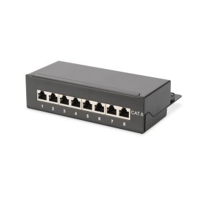 Desktop CAT 6 Patch Panel, shielded Class E, 8-port RJ45, 8P8C, LSA, black, 482x44x109