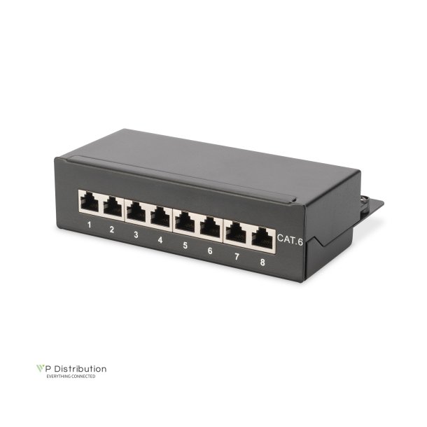 Desktop CAT 6 Patch Panel, shielded Class E, 8-port RJ45, 8P8C, LSA, black, 482x44x109