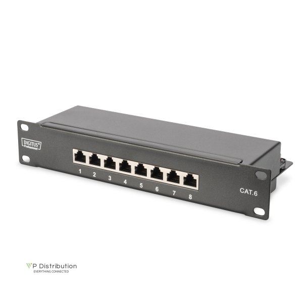 CAT 6, Class E patch panel, shielded, 8-port RJ45 8P8C, LSA, 1U, 254 mm(10") Rack Mount, black