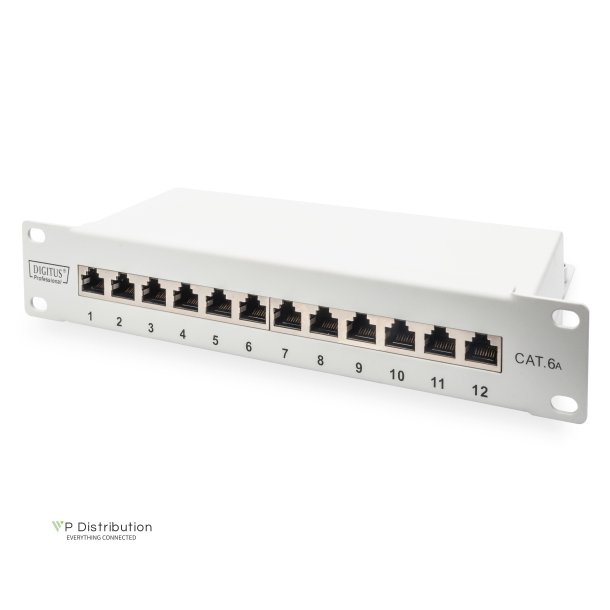 CAT 6A Patch Panel, shielded, 12-Port label field, 1U, 10" rack mount, grey RAL 7035