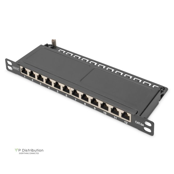 CAT 6A Patch Panel, shielded,12-Port 1/2U, 10" rack mount, black RAL 9005