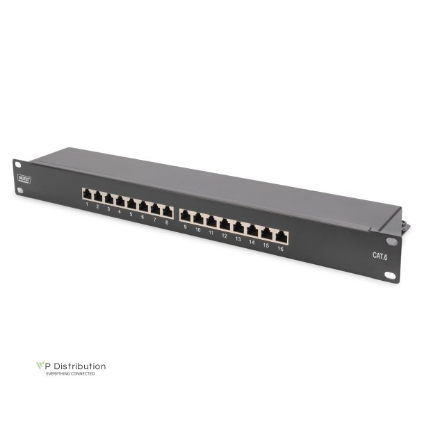 CAT 6, Class E patch panel, shielded, 16-port RJ45, 8P8C, LSA, 1U, rack mount, black, 482x44x109