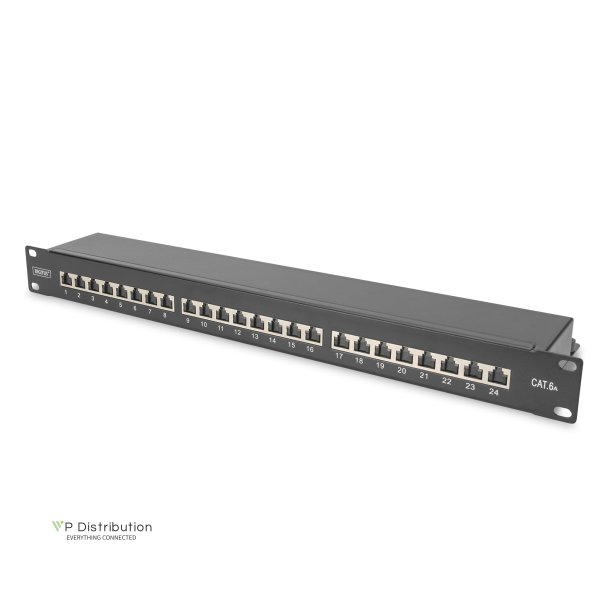 CAT 6A Patch Panel, shielded, 1U, 24-port, 8P8C, bl RAL 9005, 483 mm (19") / 482.6x44x109