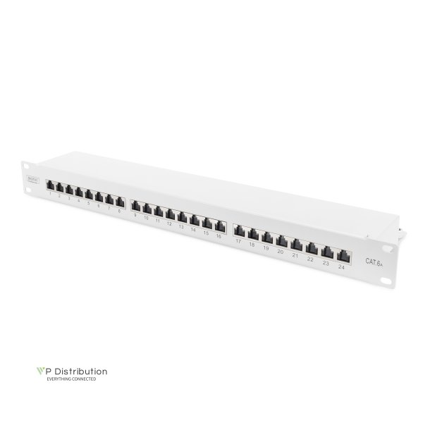 CAT 6A Patch Panel, shielded, 1U, 24-port, 8P8C, RAL 7035, 483 mm (19"), grey RAL 7035