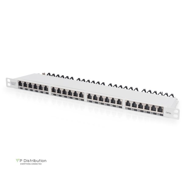 CAT 6A EA patch panel, shielded, 24-port RJ45 dust cover, 8P8C, 0.5U, grey RAL 7035