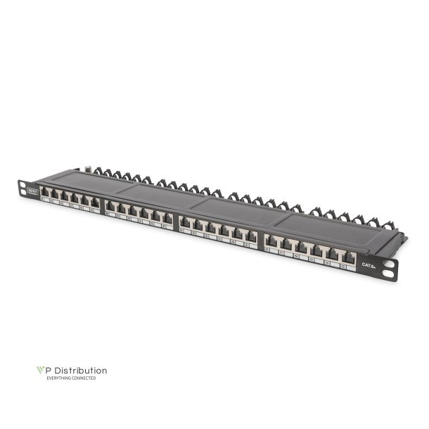 CAT 6A Class EA patch panel, shielded, 0.5U 24-port RJ45, incl. dust cover, 8P8C, black
