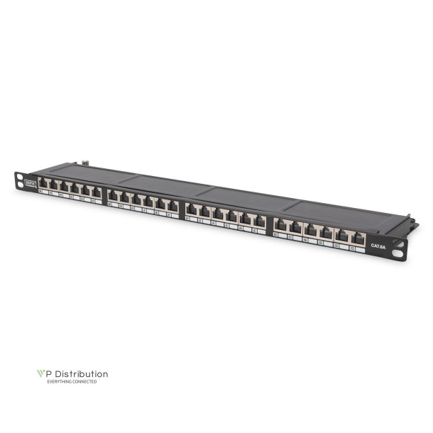 CAT 6 Patch Panel, shielded,24-port RJ45 with shutter, 8P8C, LSA, 0.5U, 19" rack mount, bl