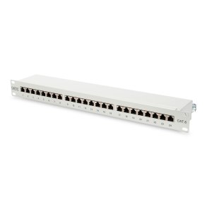 CAT 6 patch panel, shielded, 24-port RJ45, 8P8C, LSA, 1U, rack mount, grey, 482x44x109 mm