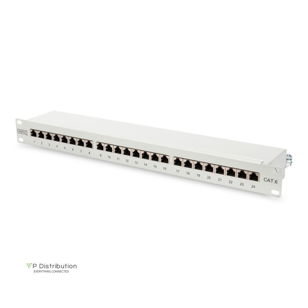 CAT 6 patch panel, shielded, 24-port RJ45, 8P8C, LSA, 1U, rack mount, grey, 482x44x109 mm