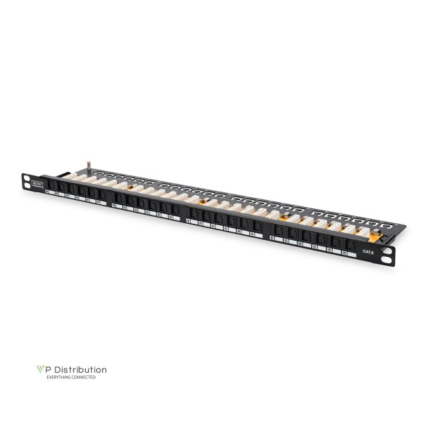 CAT 6 Patch Panel, unshielded,24-port RJ45 w. shutter, 8P8C, LSA, 0.5U, 19" rack mount, black