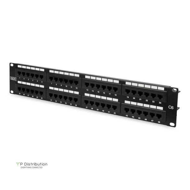 CAT 6 patch panel, unshielded, 48-port RJ45, 8P8C, LSA, 2U, rack mount, bl, 482x44x109 mm