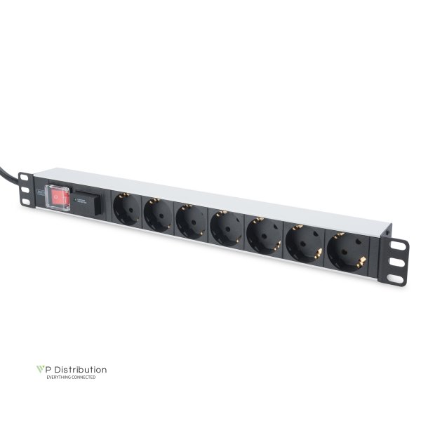 Digitus 1U Aluminum PDU, rackmountable, 7x safety outlet 16A Plug, 250VAC 50/60Hz, switch, surge Protection