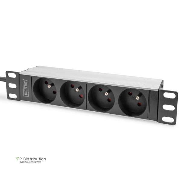 Digitus 1U Aluminum PDU, 254 mm (10") rack mount, 4x CEE 7/5 outlet, 16A, 4000W, 250VAC 50/60Hz
