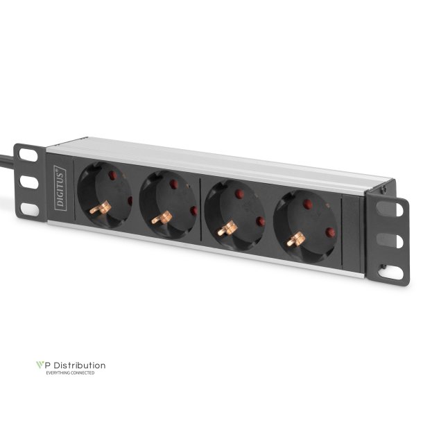 Digitus 1U Aluminum PDU, 254 mm (10") rack mount, 4x safety outlet, 16A, 4000W, 250VAC 50/60Hz