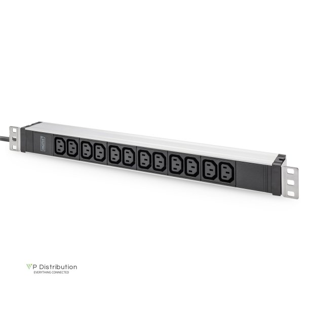 Digitus 1U Aluminum PDU, rackmountable, 12 x C13 16A, 230VAC, 50/60Hz, Safety plug