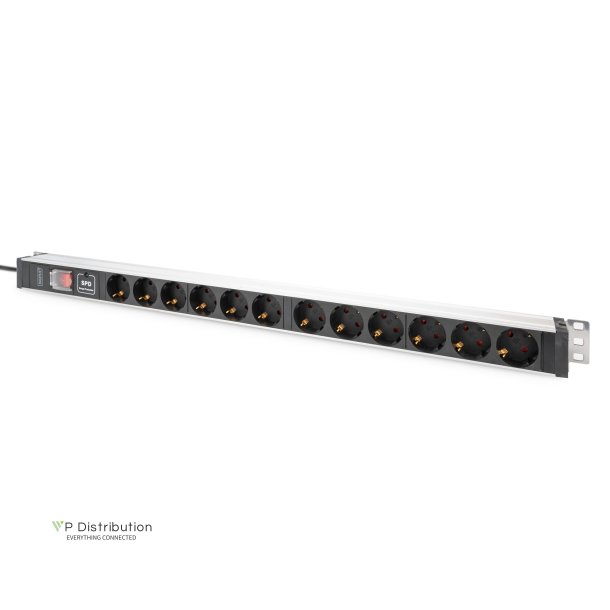 Digitus 1U Aluminum PDU, rackmountable, 12 x Safety outlet 16A, 230VAC, 50/60Hz, overvoltage, Switch
