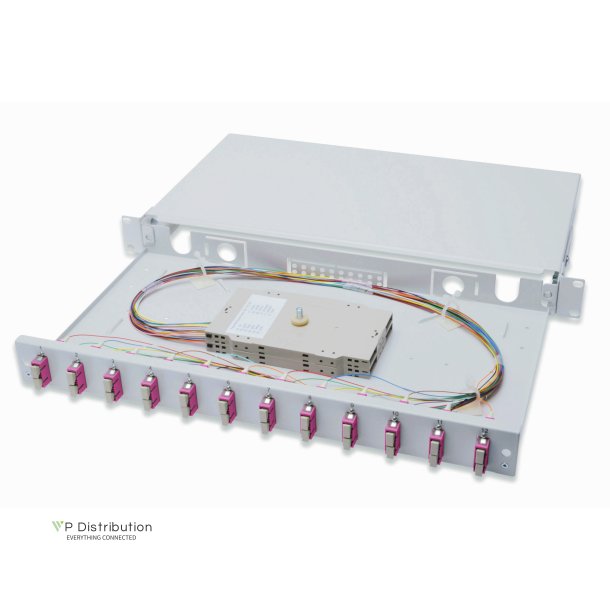Digitus FO splice box, 1U, equipped, 12x SC DX, OM4 inkl. Splei&szlig;kass., gef&auml;rbte Pigtails, Kupplungen