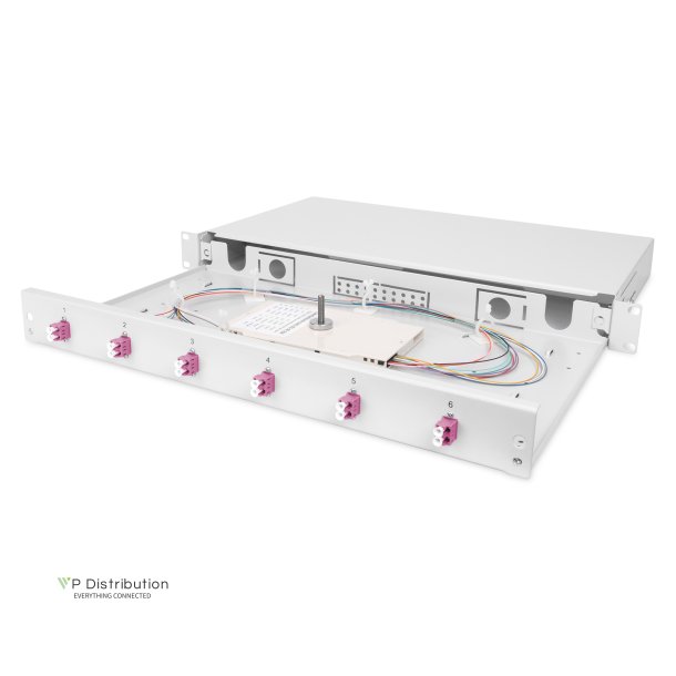 Digitus FO splice box, 1U, equipped, 6x LC DX, OM4 incl. splice cassette, colored pigtails, couplers