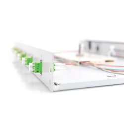 FO splice box, 1U, equipped, 6x LC DX, OS2, APC incl. splice cassette, colored pigtails, couplers